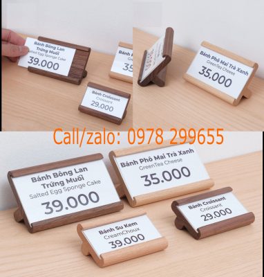 đế gỗ kệ gỗ kẹp tên món ăn tiện lợi sử dụng