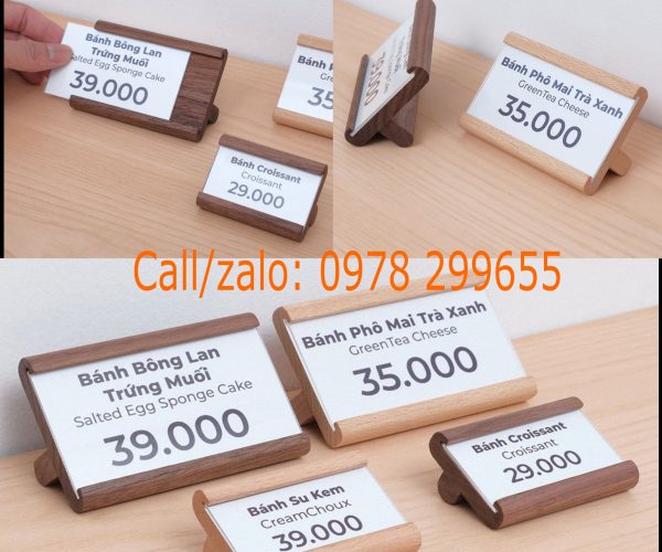 đế gỗ kệ gỗ kẹp tên món ăn tiện lợi sử dụng