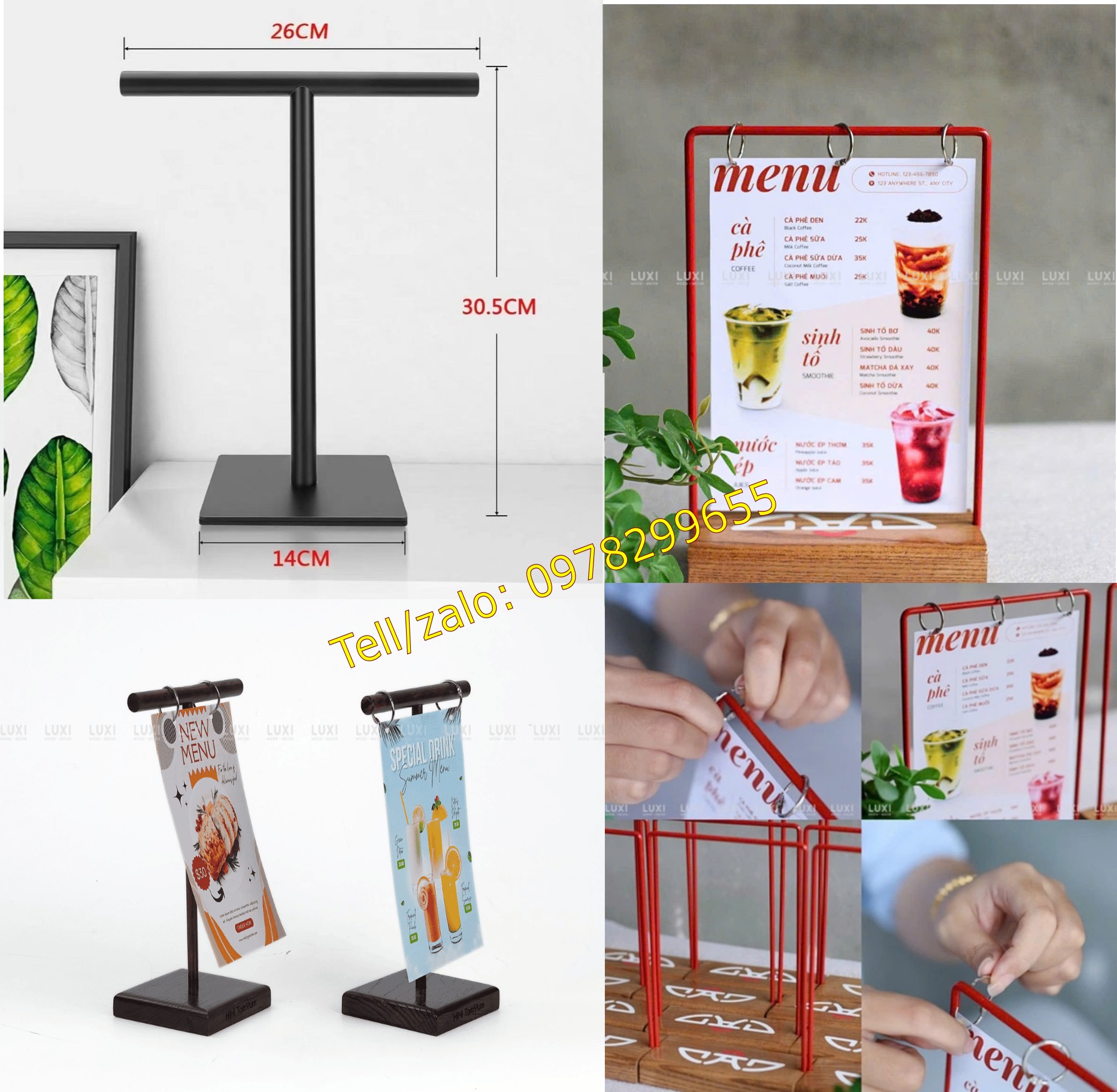kệ menu đế gỗ khung sắt 22