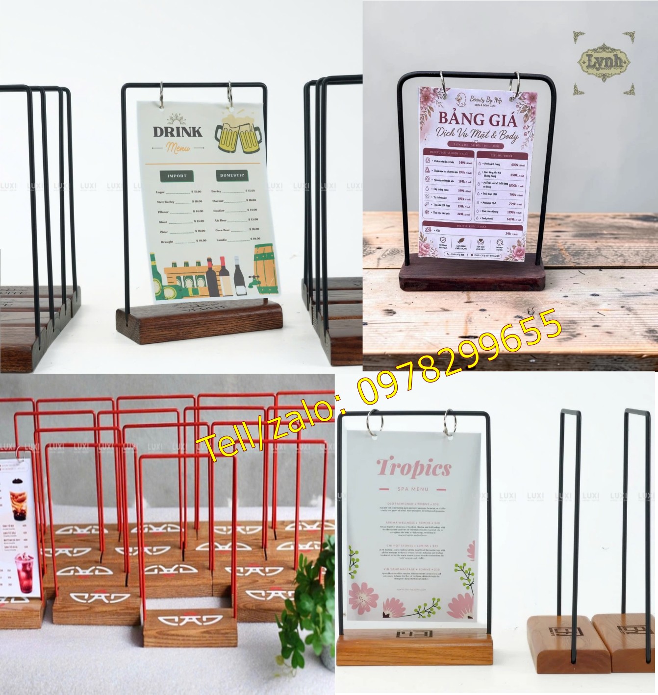 kệ menu đế gỗ khung sắt